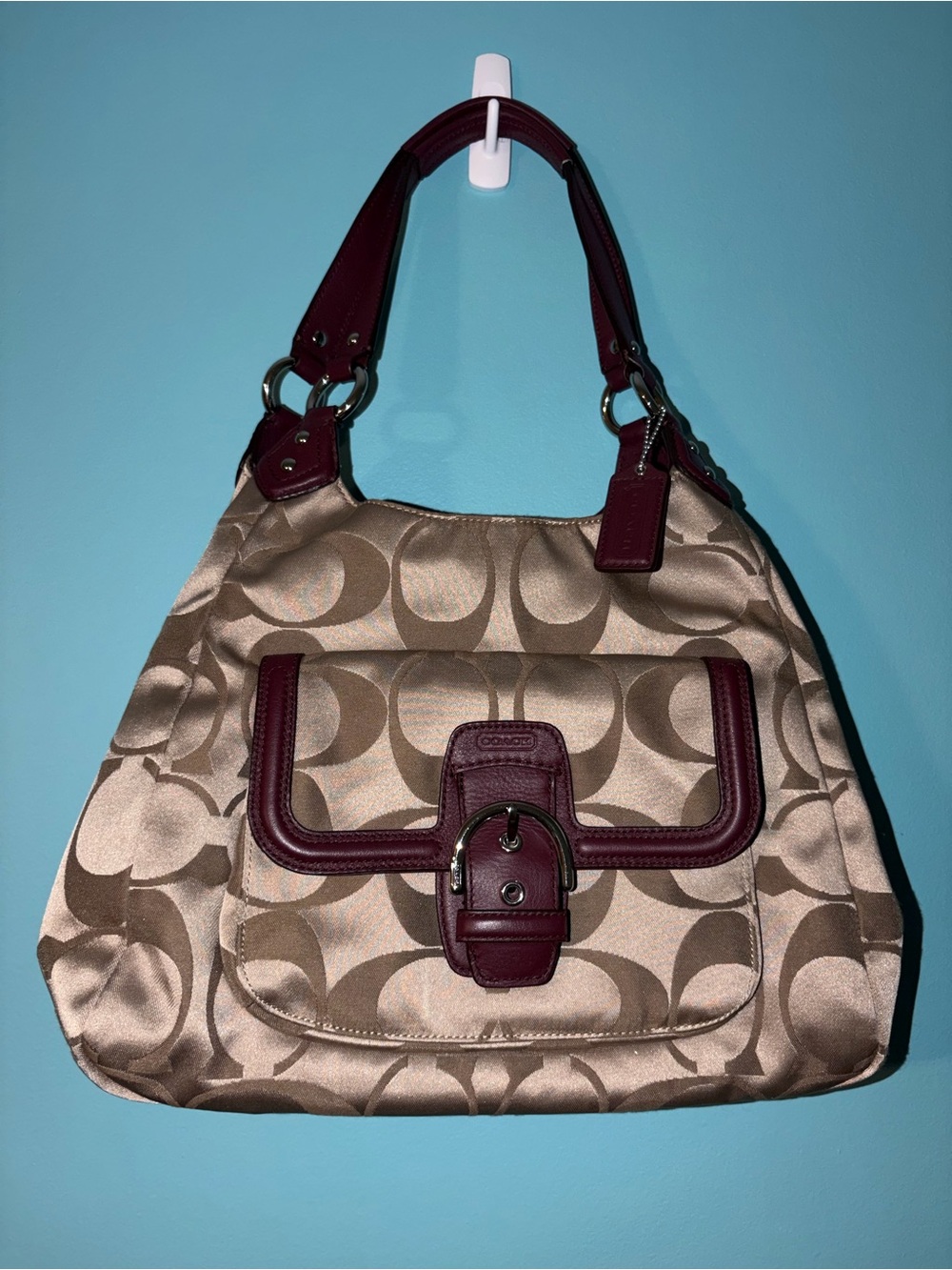 Coach Campbell Signature Hobo Bag Burgundy and Tan